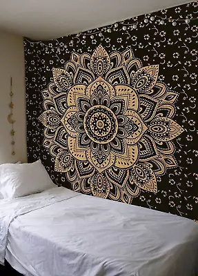 Indian Mandala Twin Cotton Black Gold Ombre Psychedelic Tapestry Wall Hang Art • $12.12
