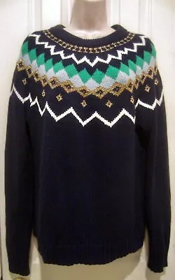 J.CREW Women's Navy Fair Isle Sweater Wool Blend W/gold Metallic Size M • $12.50