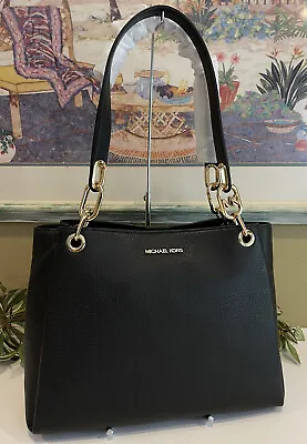 Michael Kors Trisha Large Triple Compartment Shoulder Bag Mk Black Leather Gold • $137.99