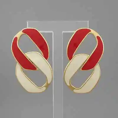 Pristine Vintage Monet Earrings Red White Enamel Gold Tone Posts C. 1970 Signed • $35