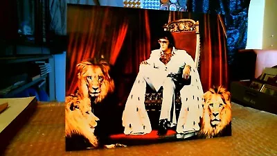 Elvis  The King  Wearing A White Cape Sitting On His Throne Surrounded By Lion's • $10