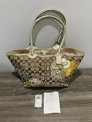 COACH Pink/Khaki/Multicolor Floral Appliqué Carryall Handbag Tote Bag F16276 • $71.95