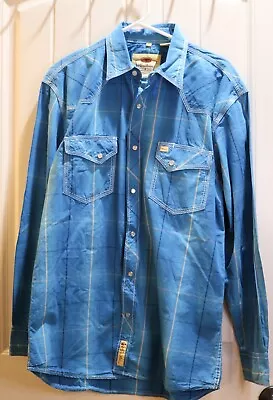 LARRY MAHAN Shirt Men’s Large Cowboy Collection Western Pearl Snap Blue Plaid • $22