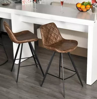 Industrial Bar Stools Set 2 Leather Seat Tall Vintage Breakfast Dining Chair  • £179.90