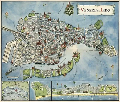 1951 Pictorial Map Venice Italy Venezia E Lido Wall Art Poster Print Home Decor • £36.06