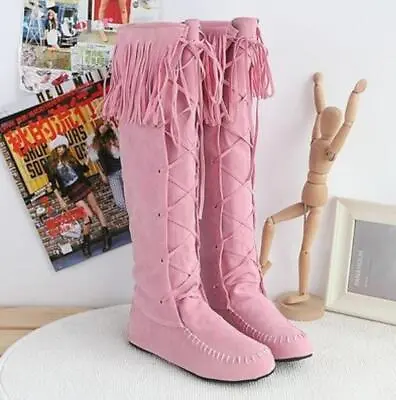 Womens Pull On Tassel Faux Suede Lace Up Moccasin Knee High Boots • $51.21