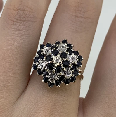 £240 • Buy Sapphire & Diamond Vintage Cluster Flower Ring 9ct Yellow Gold - Size M