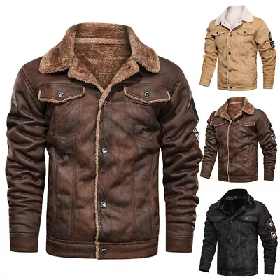 Men Aviator Pilot Fur Collar Bomber Leather Jacket Vintage Biker Motorcycle Coat • $104.99