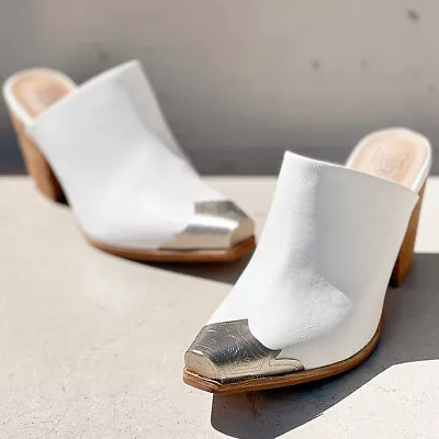 NEW Western White Metal Pointy Square Cap Toe Block Heel Slip On Mules Shoes • $58.49