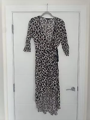 Miss Selfridge Beige Black Leopard Animal Print Wrap Midi Dress Plus Size 16 Sum • £3.99