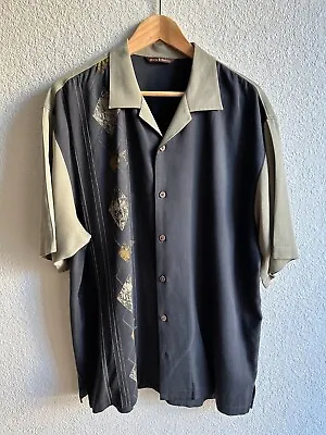 Tommy Bahama Camp Shirt Argyle Martini Navy & Tan 100% Silk Short Sleeve Mens L • $24.99