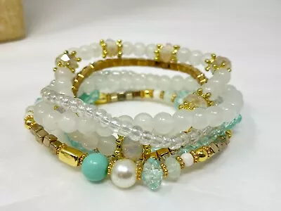 Beautiful Set Of 6 Goldtone Rhinestone Aqua & Clear Bead 6.5  Stretch Bracelets • $15