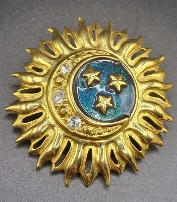 Vintage Liz Claiborne Inc Gold Tone Blue Enamel Star Moon Rhinestone Brooch Pin • $30