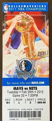 Dallas Mavericks 2/28/2012 NBA Ticket Stub Vs Brooklyn Nets - NBA Champions • $7.95