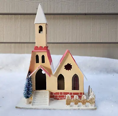 $24 • Buy Vintage Christmas PUTZ Village Church 6 X 8 Mica Glitter Bottle Brush Tree JAPAN