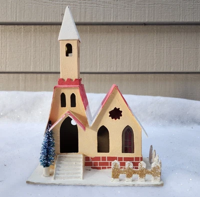 $24 • Buy Vintage Christmas PUTZ Village Church 6 X 8 Mica Glitter Bottle Brush Tree JAPAN