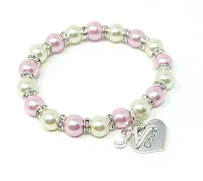 Personalised Pink Ivory Letter & Family Charm Bracelet Birthday Christmas Party • £4.45