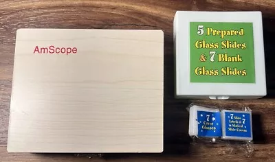 AmScope PS25W 25 Prepared Biology Microscope Slides Glass W/ Wooden Box + Extras • $11.96