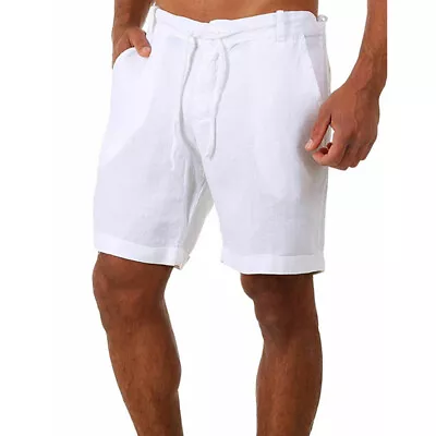 Mens Cotton Linen Shorts Summer Beach Casual Drawstring Chino Loose Short Pants • $11.19