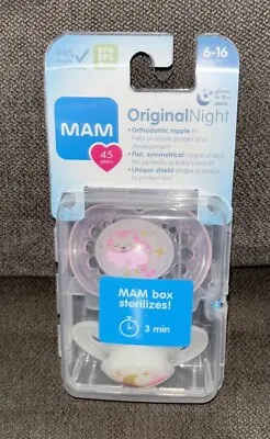 MAM Original Night🌙2-Pk GITD🌟Pink&White Pacifiers W/Sterilizing Case{6-16Mos} • $12.99