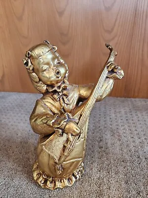 Vintage BORGHESE Collector's Chalk-ware Gold Guilded Girl Violin Mandolin • $30