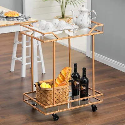 £29.95 • Buy Rose Gold Glass Drinks Trolley Wheels 2 Tiers Home Bar Cart Kitchen Food Serving