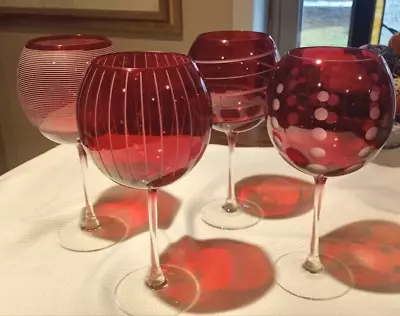 4 Mikasa Cheers Balloon Goblet Wine Glasses Red 24 Oz Stripes Dots Swirls (27) • $29.99