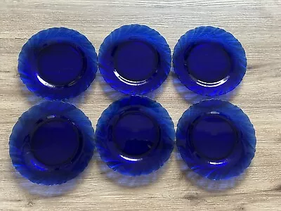 Duralex Vereco France Cobalt Blue Glass 7.5  Plates Rivage Swirl Set Of 6 • $24.95