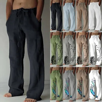 $18.84 • Buy Men Loose Pants Casual Cotton Linen Printed Drawstring Beach Baggy Long Trousers