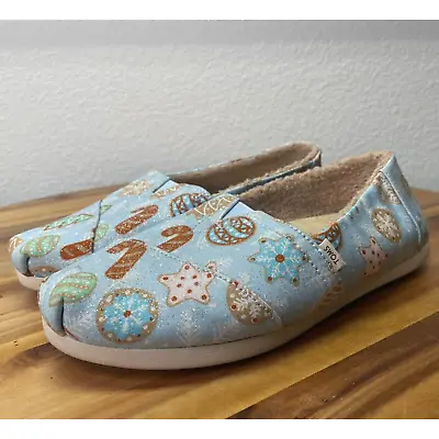 TOMS Womens Shoe Size 6 Baby Blue Glitter Sugar Cookies Print W/Faux Shearling • $27.54