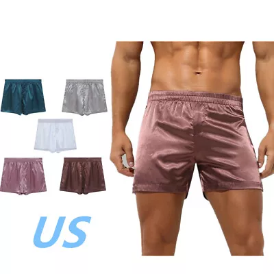 US Men Silk Satin Pajama Shorts Quick Dry Sleep Bottoms Boxer Side Split Trunks • $10.02