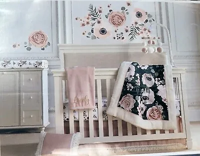 4 Piece Crib Bedding Set Flowers Pink Blush Charcoal Flowers - Fiori Levtex Home • $119.99