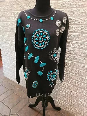 Vintage 90s Victoria Jones Native American Beaded Jewelry Pattern Sweater... L • $29.50