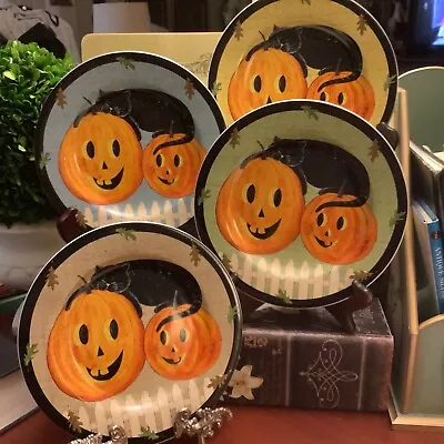 (4) Warren Kimble~”Pumpkin Dreams”~2000~Smiling Pumpkins/Black Cat~8.25” Plates~ • $44.99