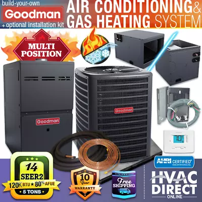 Goodman 5 Ton 14 SEER2 80% 120K BTU NG/LP Gas Furnace & AC Split System Kit • $4940