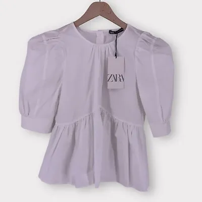 Zara Women's White Puff Sleeve Peplum Top Blouse Back Buttons Size XS • $21.99