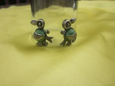 Vintage Silver Mexico Green Stone   Duck Screw Back Earrings • $48.95