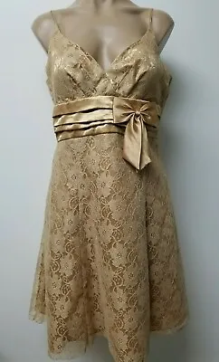 Vintage 90s Masquarade Spaghetti Strap Gold Lace Glitter Formal Prom Dress 11/12 • £68.11