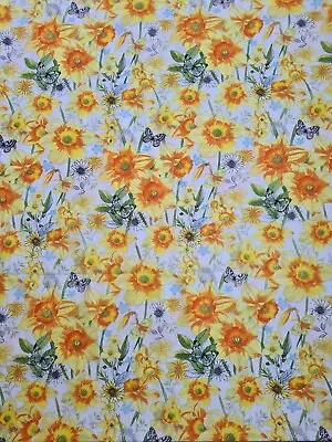 100% Cotton Fabric Yellow Daffodils  Butterflies On White Wide 160 Cm (62 )  • £1.20