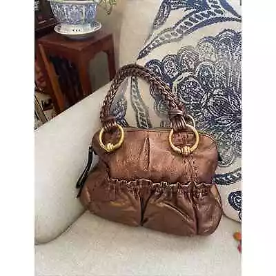 B. MAKOWSKY Gold Metallic Pebble Leather Shoulder Handbag Bronze Purse Hobo • $22.99