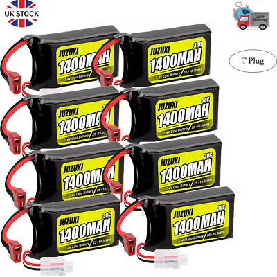 2S Lipo Battery 1400mAh 7.4V With Deans T-Plug For 1/10 1/16 1/18 1/24 Rc Cars • £18.98