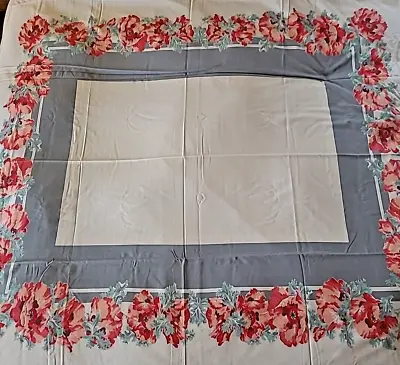 Vintage 50's Design Print Tablecloth Poppies Floral Gray Band Cotton 52  X 60  • $22.46