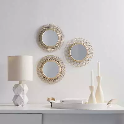 3 Piece Light Natural Faux Woven Wicker Round Traditional Mirror Set • $20