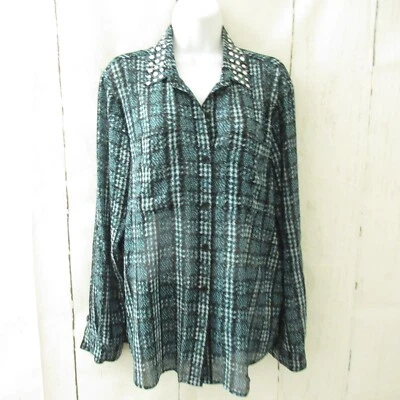 Michael Kors Top L Large Green Plaid Roll Tab Sleeve Studded Boho Peasant • £14.18