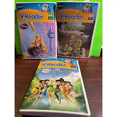 Set Of 3 V-Tech V-Reader Interactive E-Books Disney Fairies Shrek Language Arts • $17.90