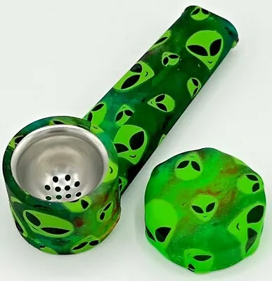 $7.99 • Buy Silicone Smoking Pipe With Metal Bowl & Cap Lid | Green Alien | USA