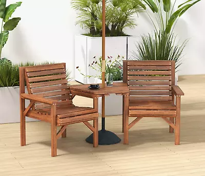 Garden Love Seat Rustic Companion Bench Set 2 Chairs Outdoor Wooden Patio Table • £134.99