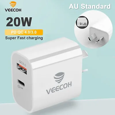 $15.59 • Buy VEECOH 20W Dual USB C Fast Wall Charger Power Adapter Plug AU For Iphone Android