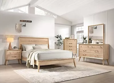 4 Pc Mid Century Modern Wood Queen Bed Ns Dresser Mirror Furniture Set • $1299