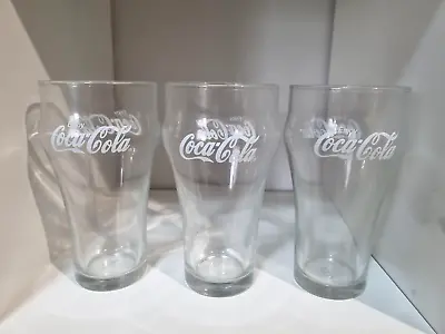 Set Of 3 White Script Coca Cola Glasses 15cm High (G14) • $49.95